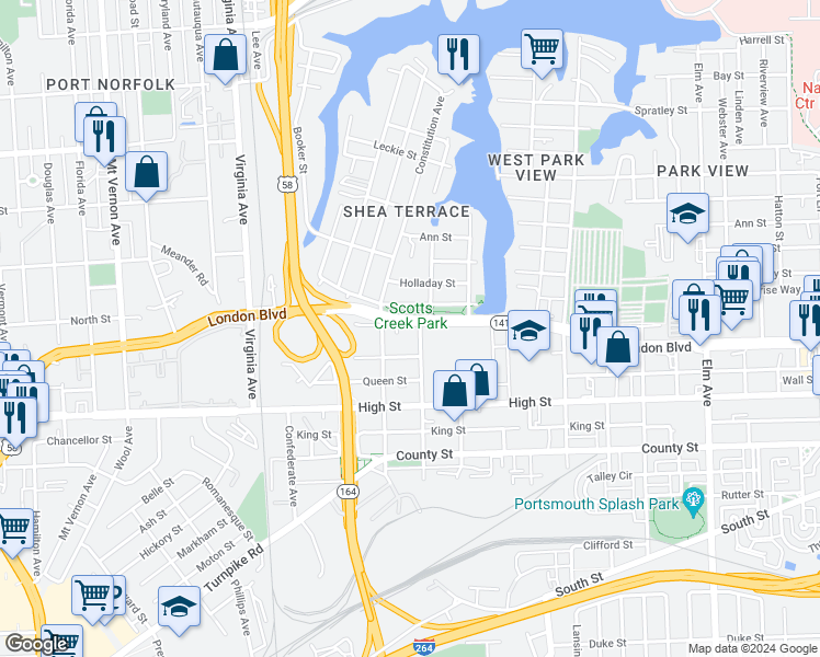 map of restaurants, bars, coffee shops, grocery stores, and more near 406 Jamestown Avenue in Portsmouth