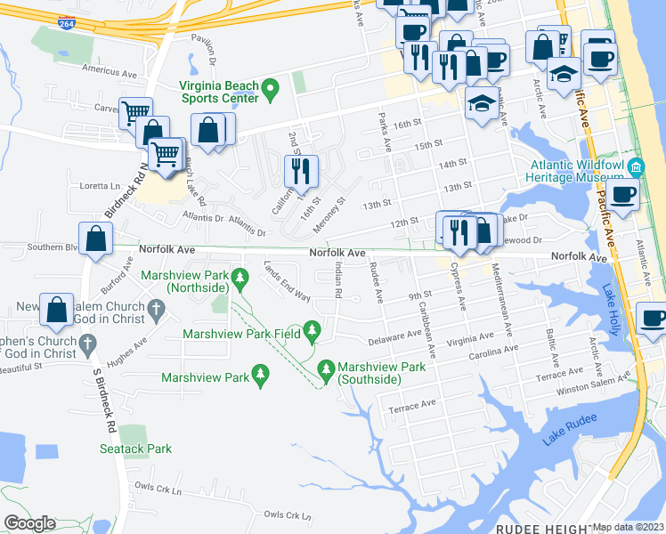 map of restaurants, bars, coffee shops, grocery stores, and more near 1100 Indian Road in Virginia Beach