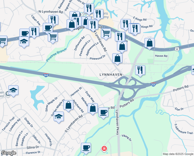 map of restaurants, bars, coffee shops, grocery stores, and more near 2800 Ansol Lane in Virginia Beach