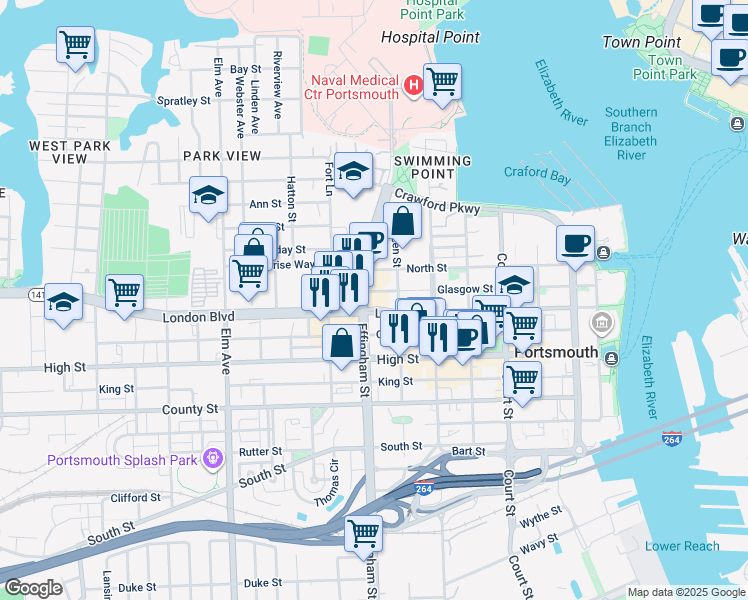 map of restaurants, bars, coffee shops, grocery stores, and more near 720 London Street in Portsmouth