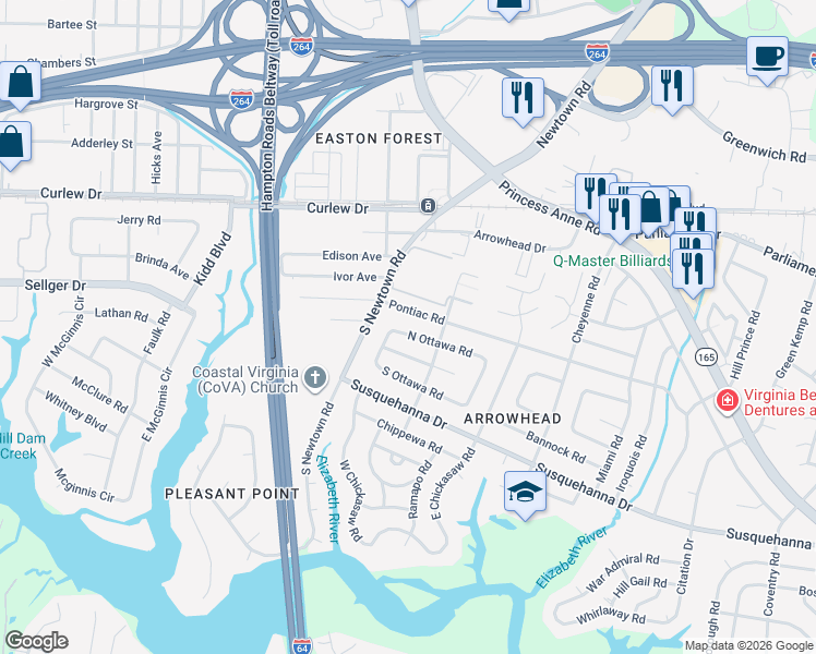 map of restaurants, bars, coffee shops, grocery stores, and more near 5816 North Ottawa Road in Virginia Beach