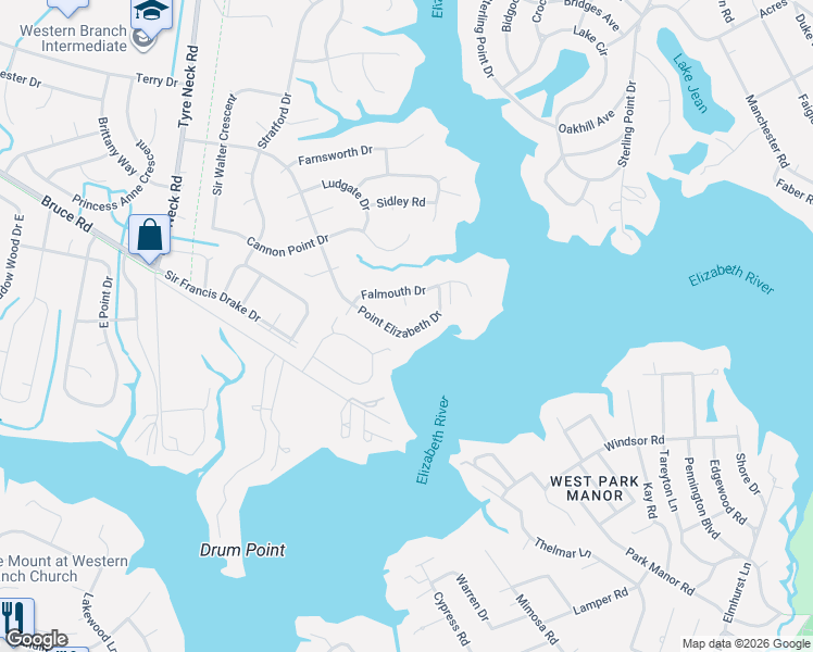 map of restaurants, bars, coffee shops, grocery stores, and more near 3617 Point Elizabeth Drive in Chesapeake