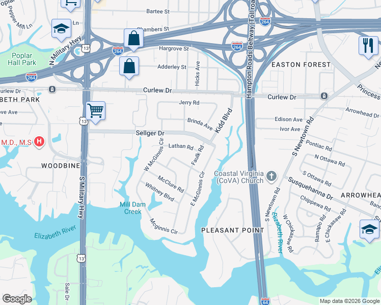 map of restaurants, bars, coffee shops, grocery stores, and more near 221 Faulk Road in Norfolk