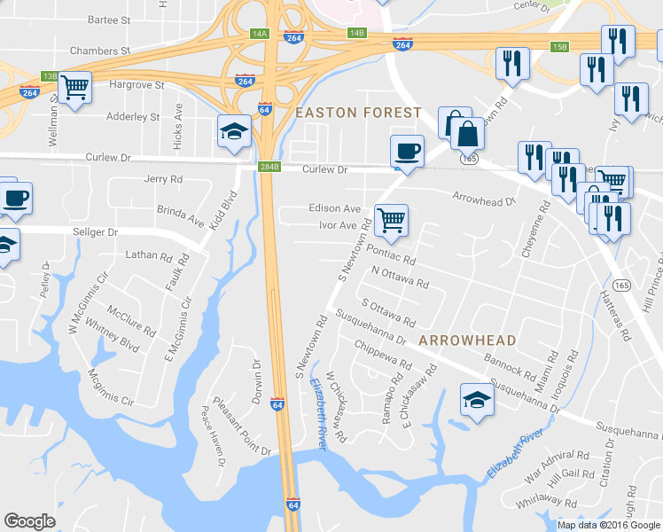 map of restaurants, bars, coffee shops, grocery stores, and more near 6123 Lyndhurst Avenue in Norfolk