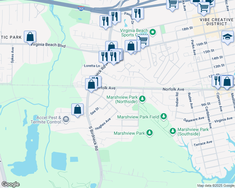 map of restaurants, bars, coffee shops, grocery stores, and more near 116 Ackiss Avenue in Virginia Beach