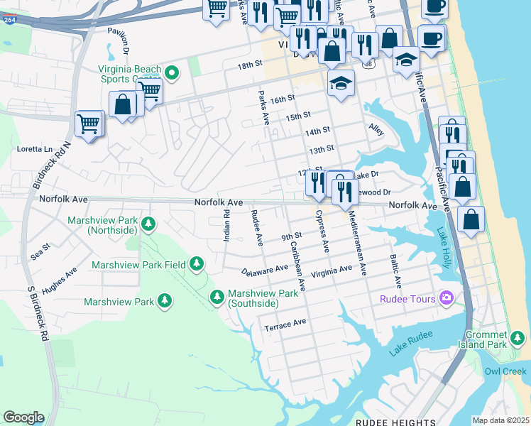 map of restaurants, bars, coffee shops, grocery stores, and more near 809 Spencer Court in Virginia Beach
