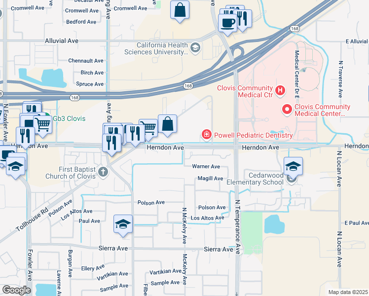 map of restaurants, bars, coffee shops, grocery stores, and more near Herndon Ave & N McKelvy Ave in Clovis