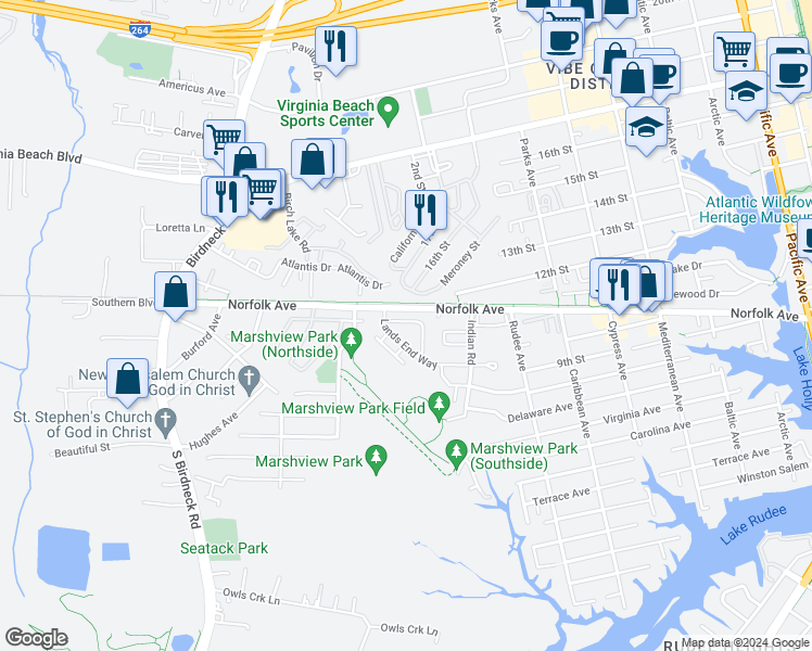 map of restaurants, bars, coffee shops, grocery stores, and more near 539 Marsh Duck Way in Virginia Beach
