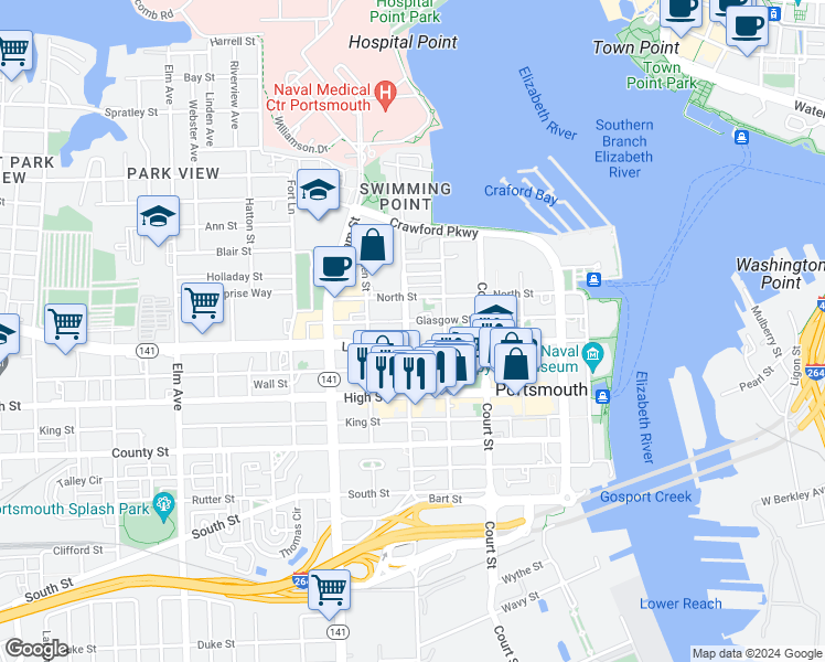 map of restaurants, bars, coffee shops, grocery stores, and more near 413 Washington Street in Portsmouth