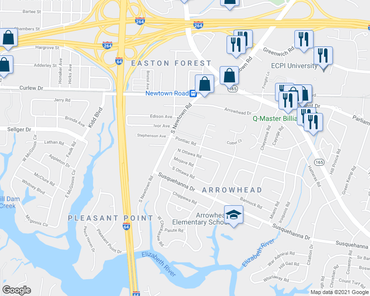 map of restaurants, bars, coffee shops, grocery stores, and more near 5816 North Ottawa Road in Virginia Beach