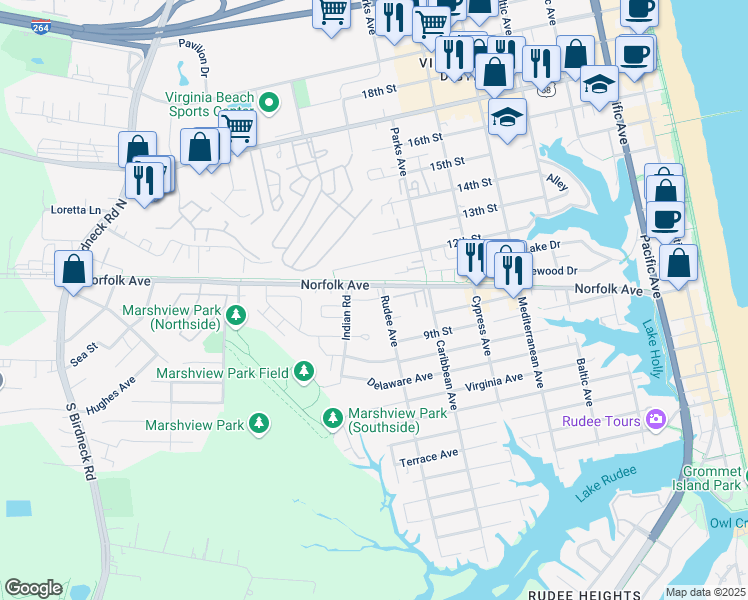 map of restaurants, bars, coffee shops, grocery stores, and more near 1002 Rudee Avenue in Virginia Beach