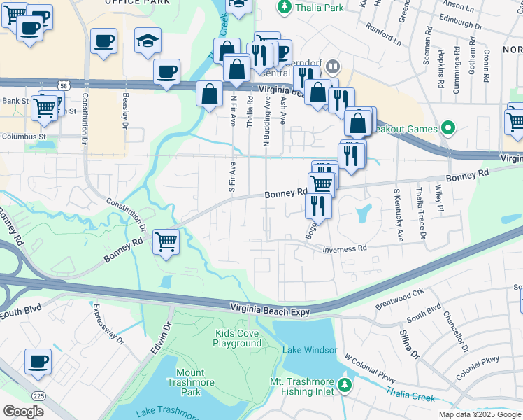 map of restaurants, bars, coffee shops, grocery stores, and more near 149 South Budding Avenue in Virginia Beach