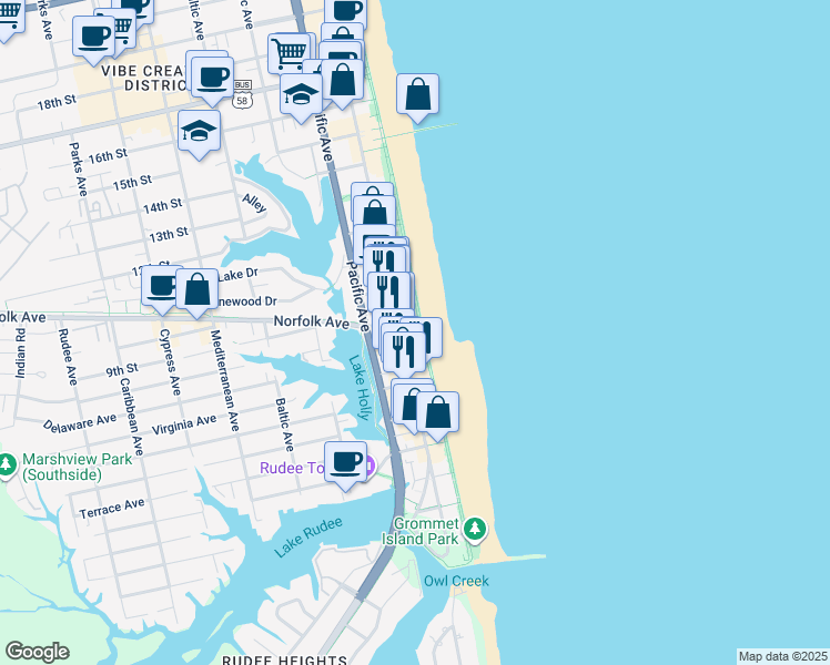 map of restaurants, bars, coffee shops, grocery stores, and more near 809 Atlantic Avenue in Virginia Beach