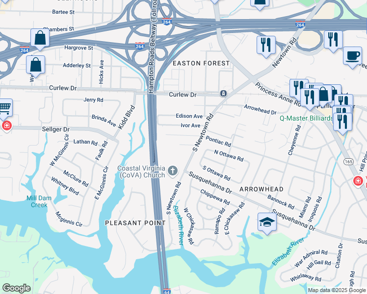 map of restaurants, bars, coffee shops, grocery stores, and more near 6121 Lyndhurst Avenue in Norfolk