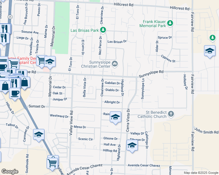 map of restaurants, bars, coffee shops, grocery stores, and more near 1490 Diablo Drive in Hollister