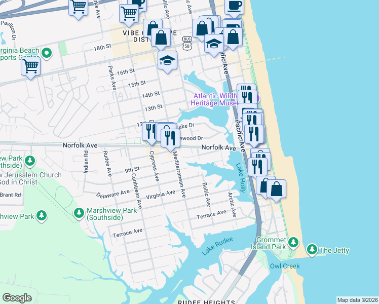 map of restaurants, bars, coffee shops, grocery stores, and more near 515 9th Street in Virginia Beach