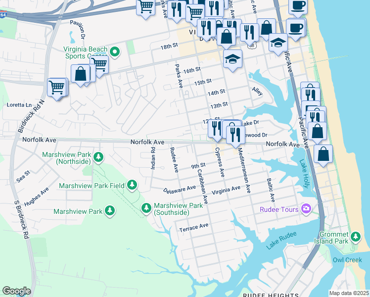 map of restaurants, bars, coffee shops, grocery stores, and more near 1003 Barclay Square in Virginia Beach