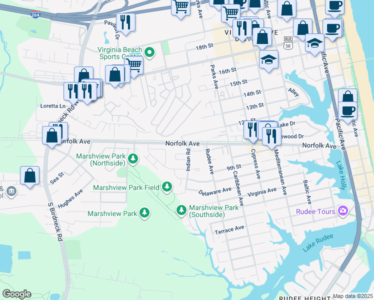 map of restaurants, bars, coffee shops, grocery stores, and more near 1210 Indian Road in Virginia Beach