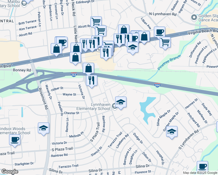 map of restaurants, bars, coffee shops, grocery stores, and more near 168 Coral Gables Court in Virginia Beach