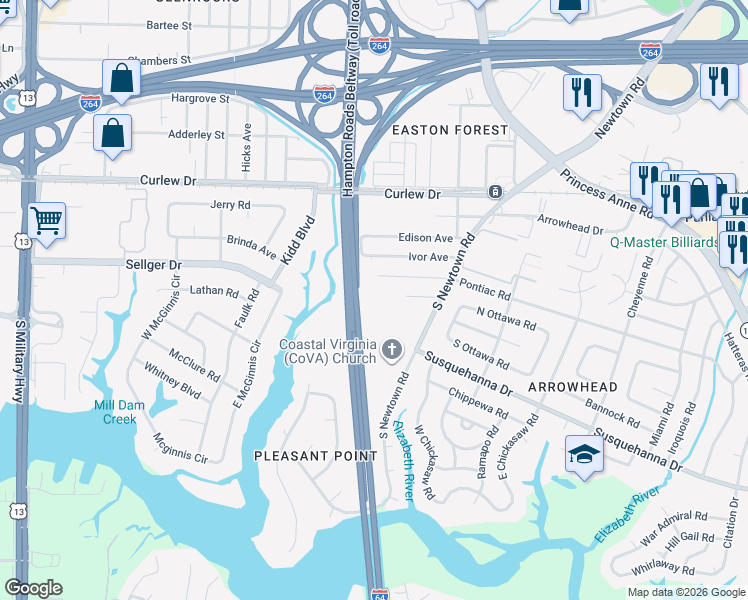 map of restaurants, bars, coffee shops, grocery stores, and more near 251 South Newtown Road in Norfolk