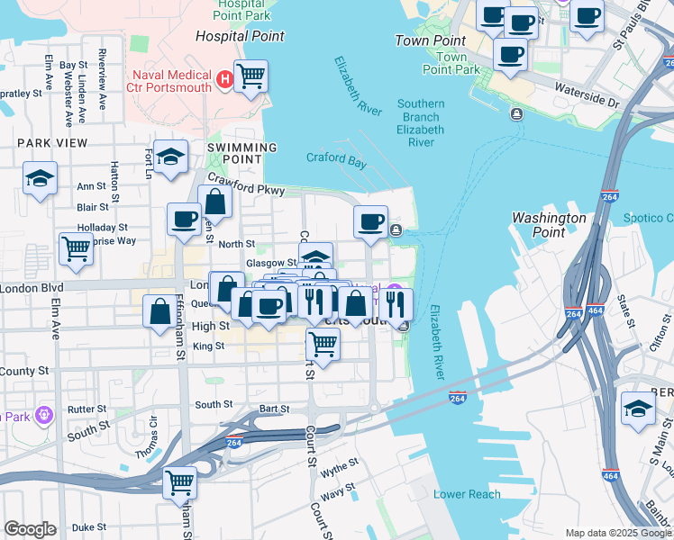 map of restaurants, bars, coffee shops, grocery stores, and more near 218 London Street in Portsmouth