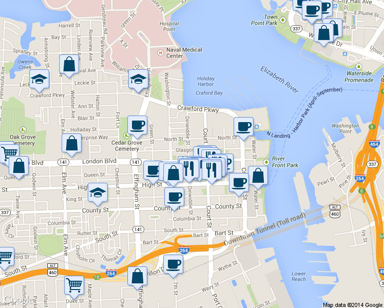map of restaurants, bars, coffee shops, grocery stores, and more near 420 London Street in Portsmouth