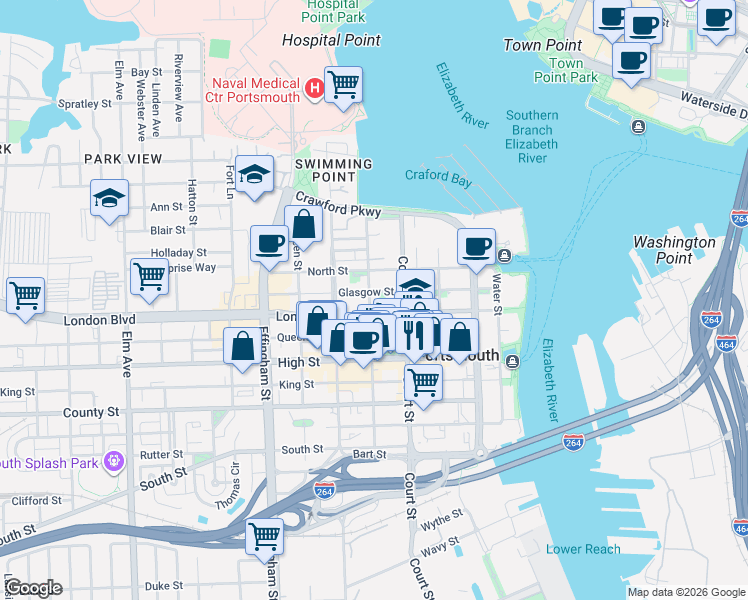 map of restaurants, bars, coffee shops, grocery stores, and more near 420 London Street in Portsmouth
