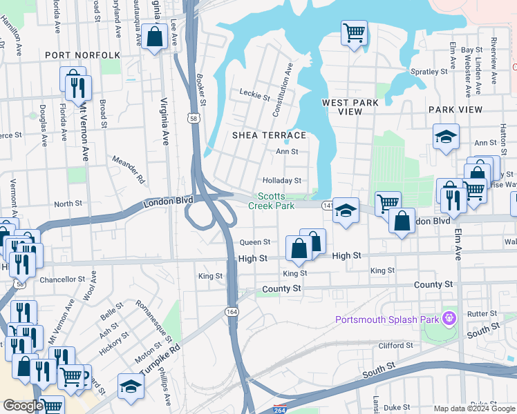 map of restaurants, bars, coffee shops, grocery stores, and more near 2117 London Boulevard in Portsmouth