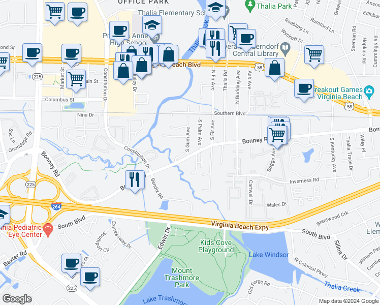 map of restaurants, bars, coffee shops, grocery stores, and more near 152 South Gum Avenue in Virginia Beach