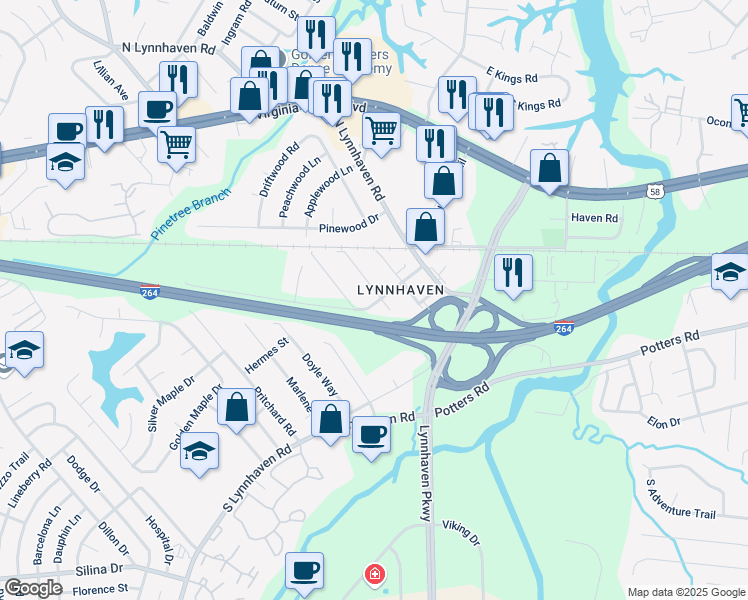 map of restaurants, bars, coffee shops, grocery stores, and more near 153 Bassett Avenue in Virginia Beach