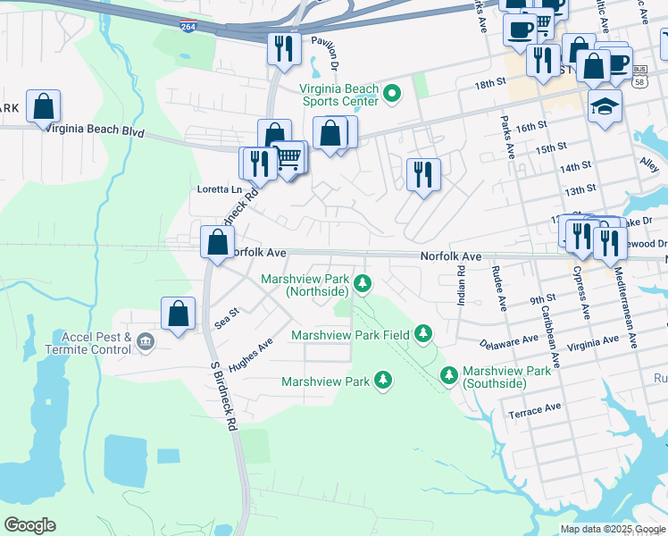 map of restaurants, bars, coffee shops, grocery stores, and more near 1063 Ocean Pebbles Way in Virginia Beach