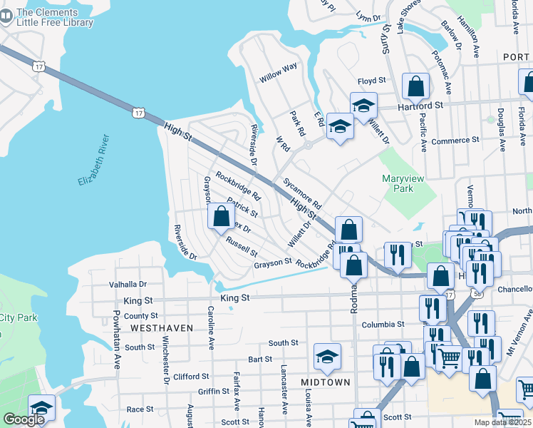 map of restaurants, bars, coffee shops, grocery stores, and more near 400 Rockbridge Road in Portsmouth