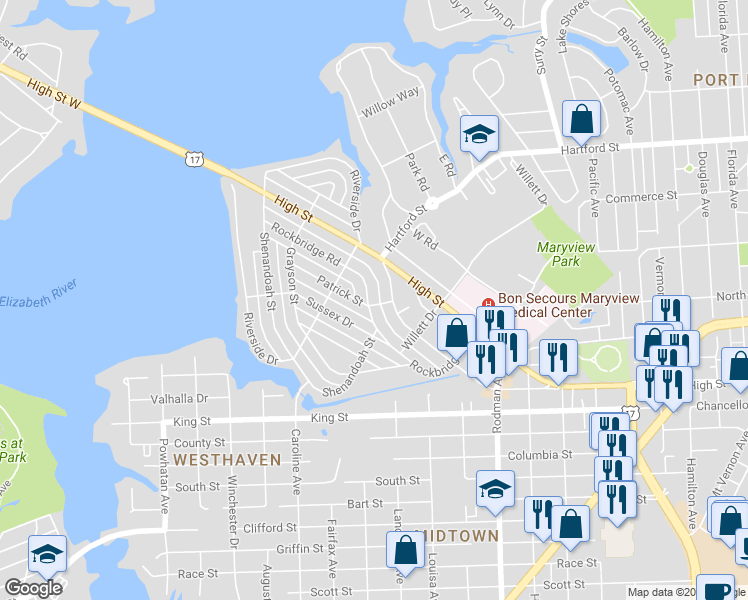 map of restaurants, bars, coffee shops, grocery stores, and more near 400 Rockbridge Road in Portsmouth