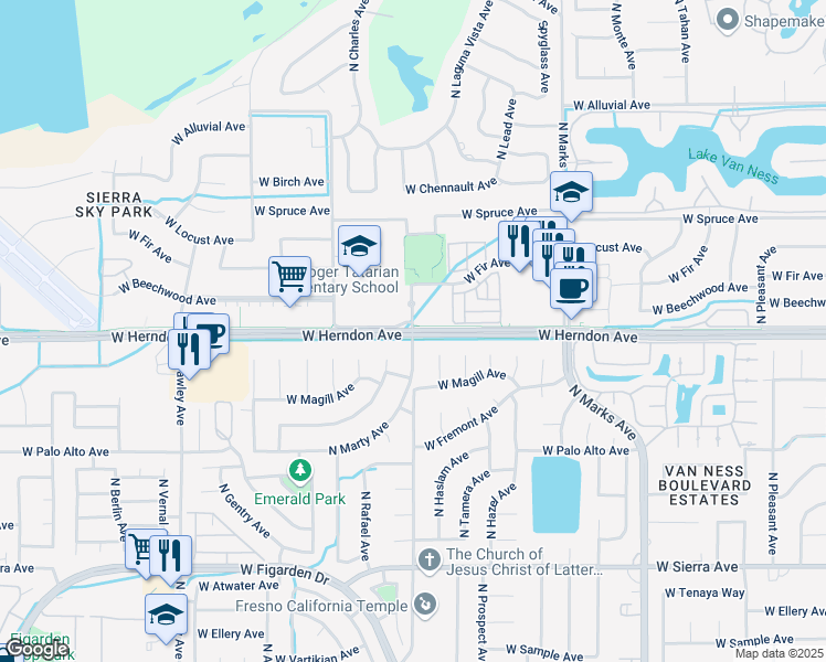 map of restaurants, bars, coffee shops, grocery stores, and more near W Herndon Ave & N Valentine Ave in Fresno