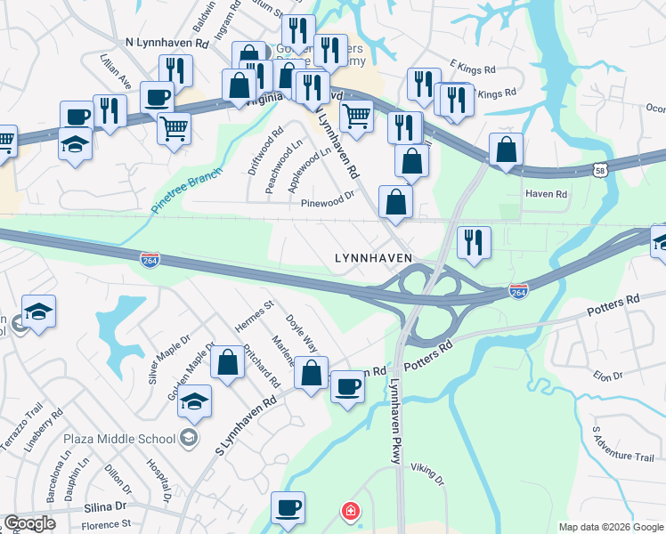 map of restaurants, bars, coffee shops, grocery stores, and more near 156 Armon Avenue in Virginia Beach