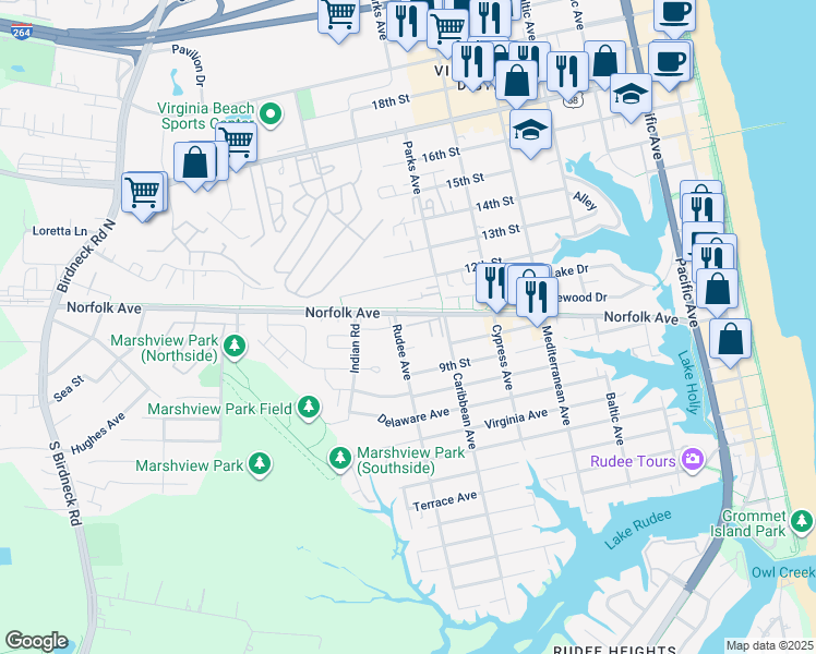 map of restaurants, bars, coffee shops, grocery stores, and more near 826 Spencer Court in Virginia Beach