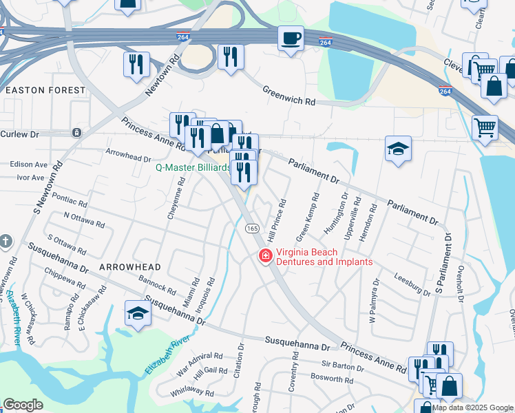 map of restaurants, bars, coffee shops, grocery stores, and more near 5521 Carolanne Terrace in Virginia Beach