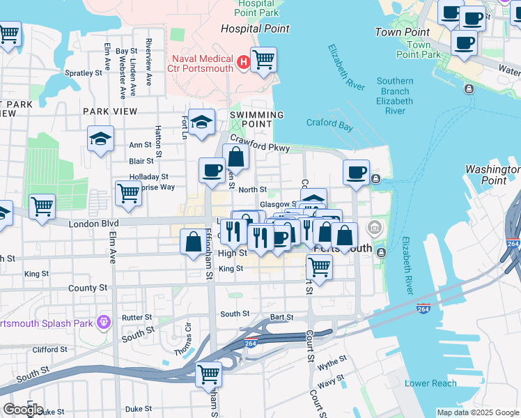 map of restaurants, bars, coffee shops, grocery stores, and more near 409 Washington Street in Portsmouth