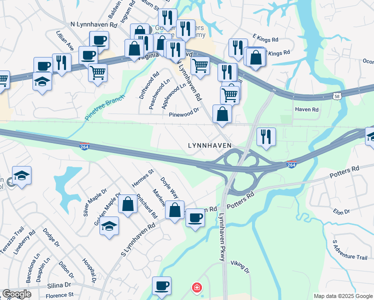 map of restaurants, bars, coffee shops, grocery stores, and more near 156 Armon Avenue in Virginia Beach