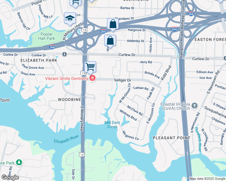 map of restaurants, bars, coffee shops, grocery stores, and more near 218 Pefley Drive in Norfolk