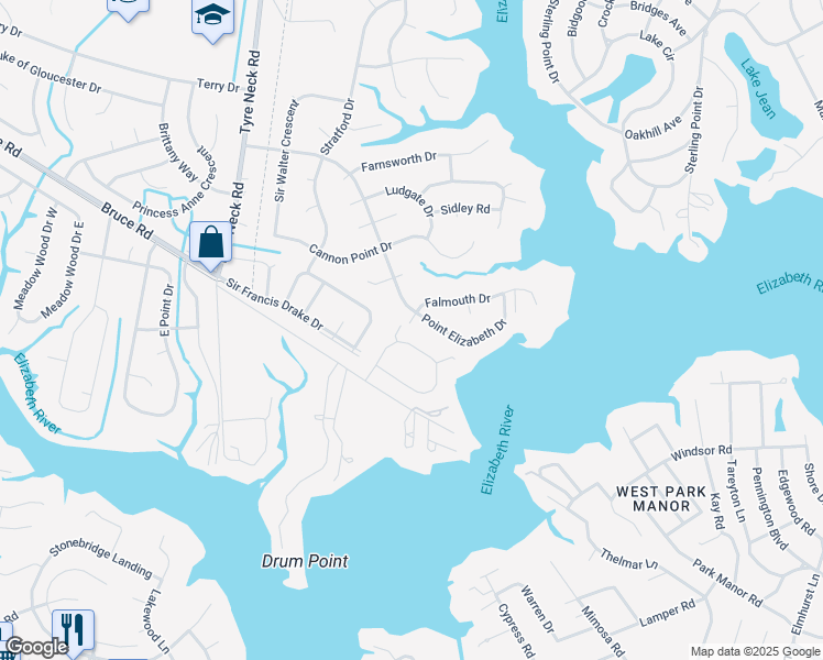 map of restaurants, bars, coffee shops, grocery stores, and more near 2805 Bruce Station Court in Chesapeake