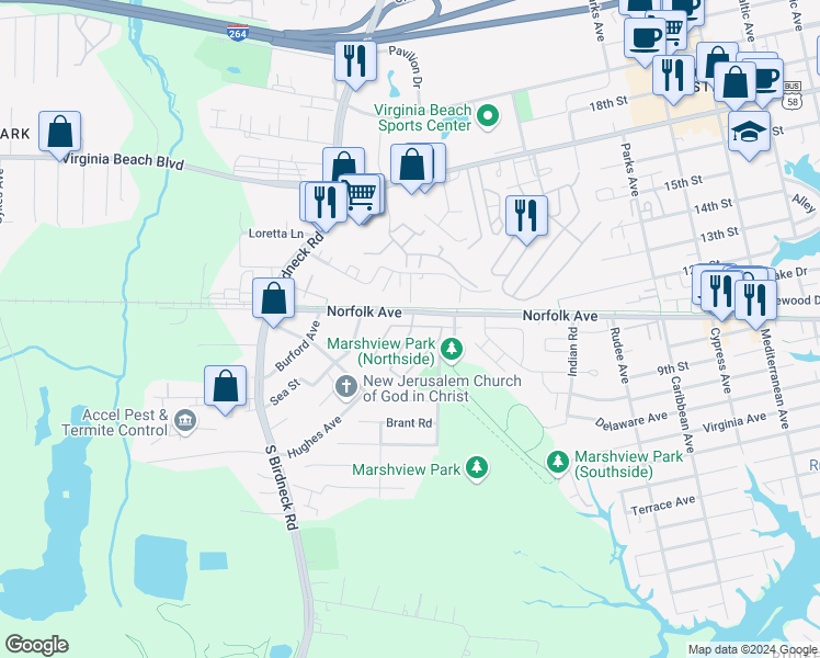 map of restaurants, bars, coffee shops, grocery stores, and more near 1109 Ocean Pebbles Way in Virginia Beach