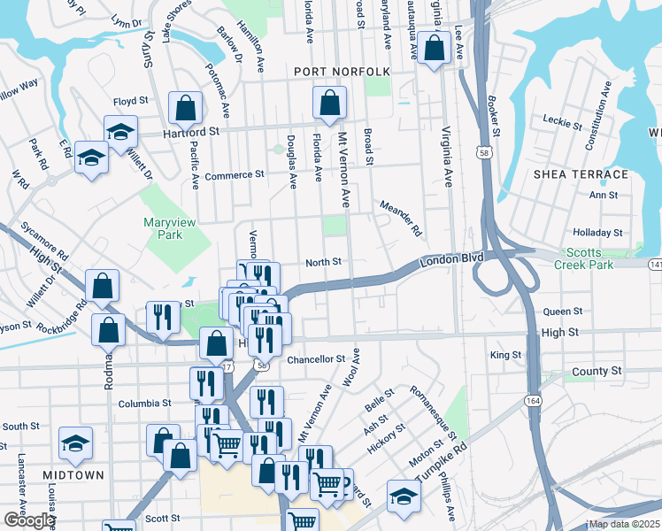 map of restaurants, bars, coffee shops, grocery stores, and more near 2816 London Boulevard in Portsmouth