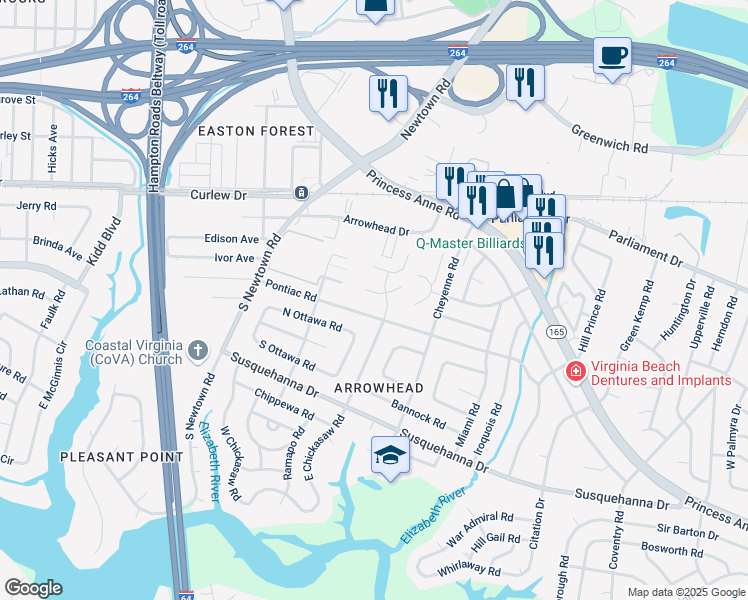 map of restaurants, bars, coffee shops, grocery stores, and more near 5724 Pontiac Road in Virginia Beach