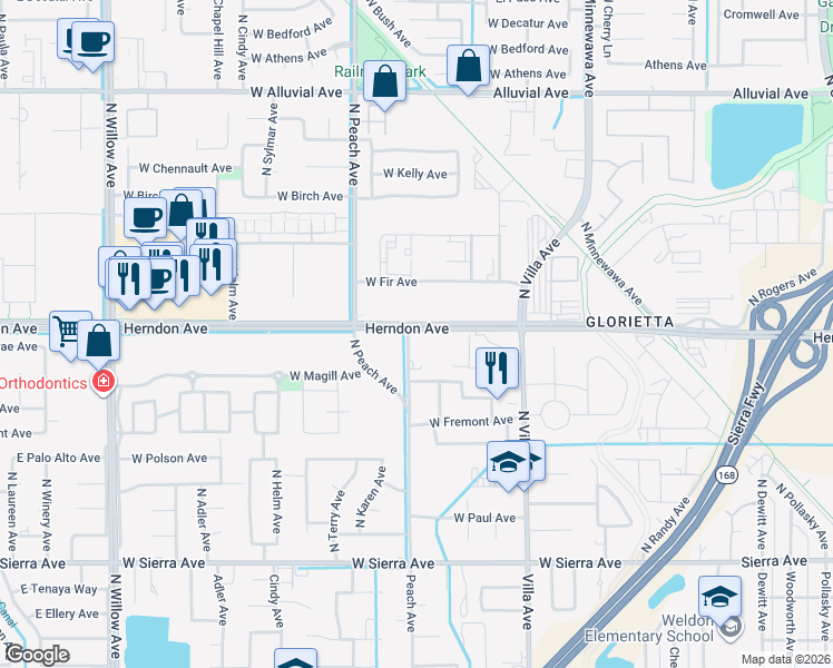 map of restaurants, bars, coffee shops, grocery stores, and more near 391 North Peach Avenue in Clovis