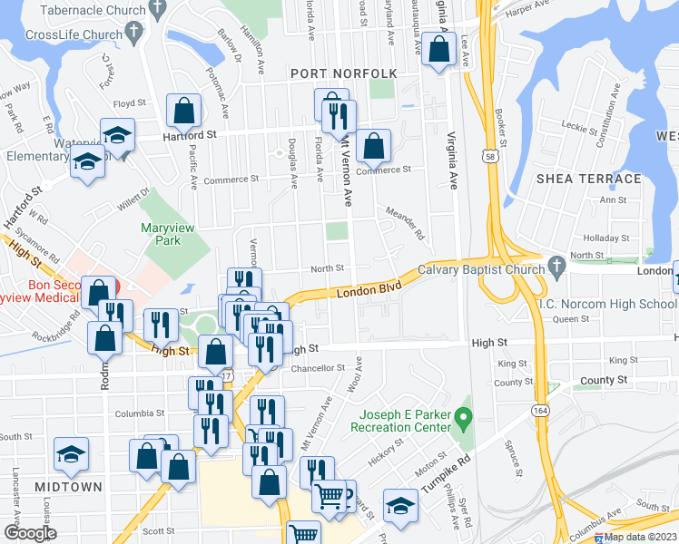map of restaurants, bars, coffee shops, grocery stores, and more near 2825 North Street in Portsmouth