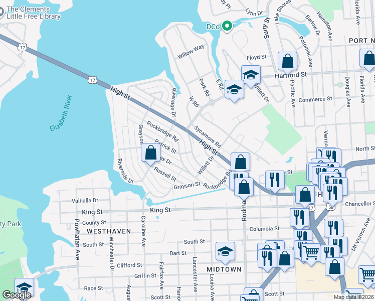 map of restaurants, bars, coffee shops, grocery stores, and more near 315 Rockbridge Road in Portsmouth