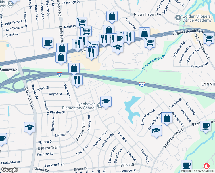 map of restaurants, bars, coffee shops, grocery stores, and more near 3300 Rainier Court in Virginia Beach