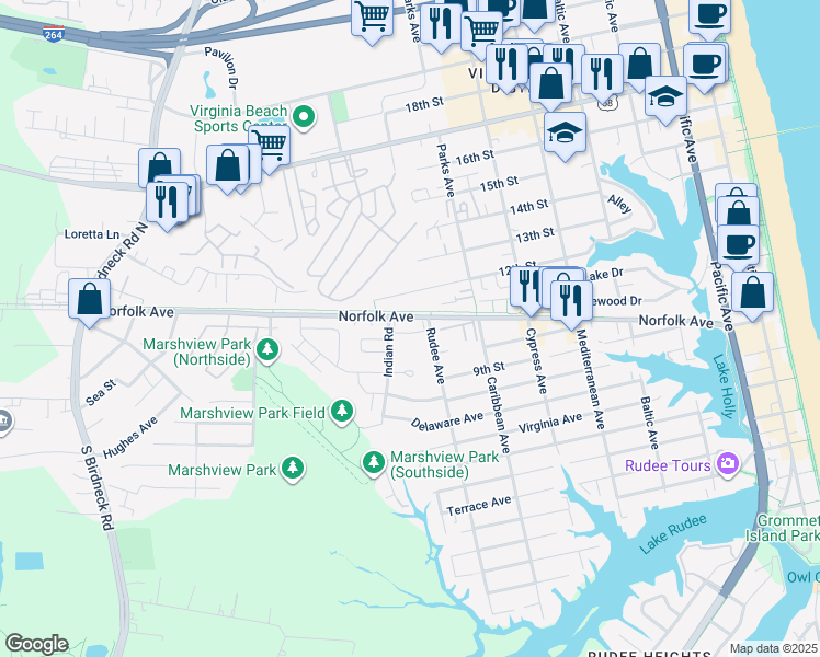 map of restaurants, bars, coffee shops, grocery stores, and more near 922 Rudee Court in Virginia Beach