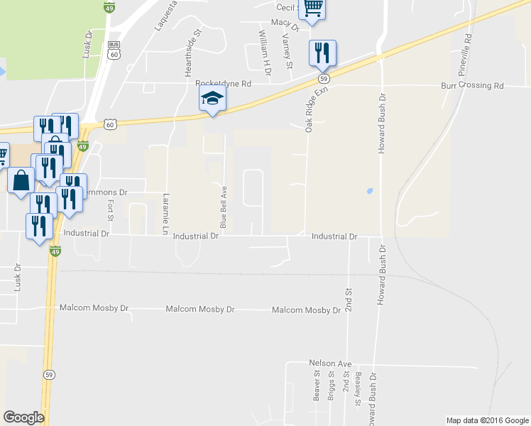 map of restaurants, bars, coffee shops, grocery stores, and more near 2811 Neosho Heights Circle in Neosho